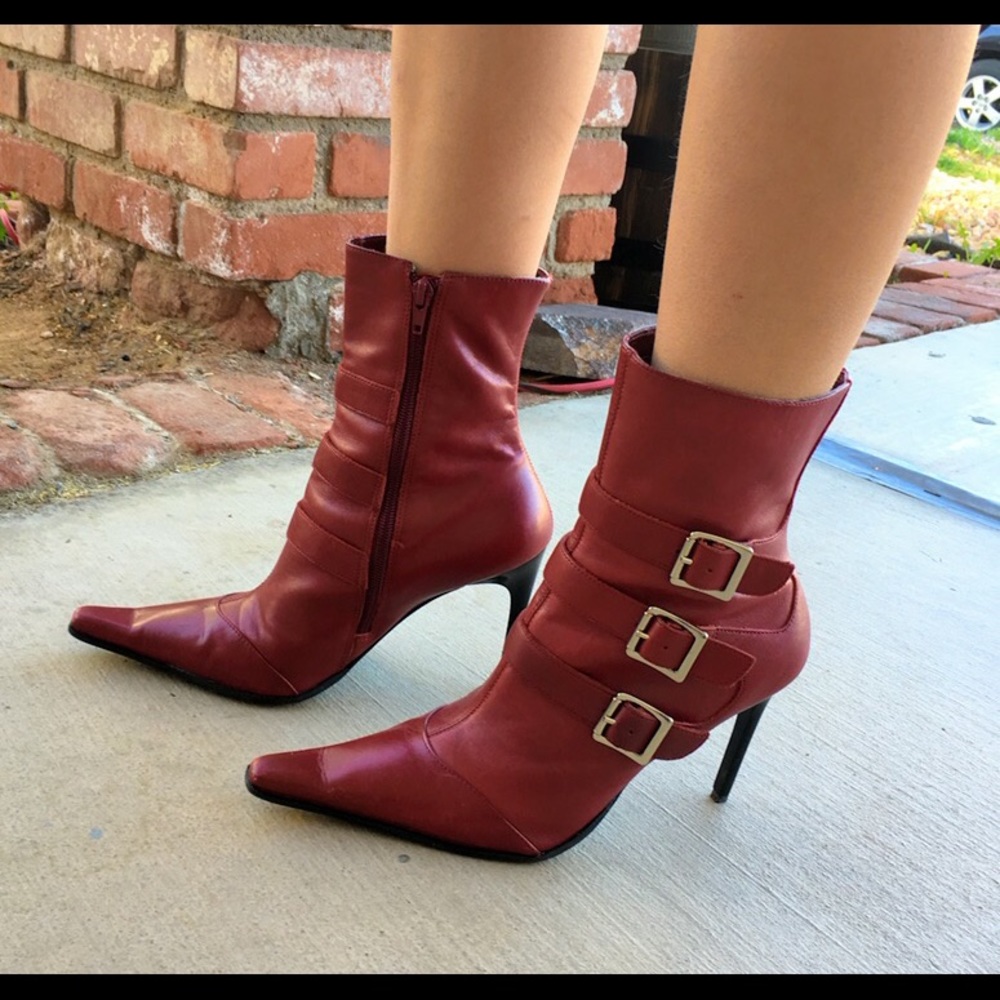 Deep red leather booties
